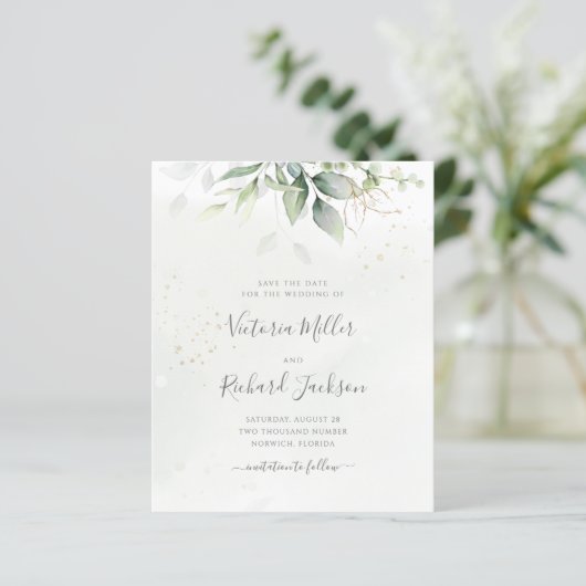 Eukalyptus Greenery Gold Save the Date (Stehend Vorderseite)