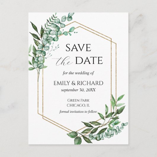 Eukalyptus Greenery Gold Save the Date Postcard Postkarte (Vorderseite)