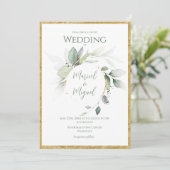 Eukalyptus Greenery Gold Watercolor Moderne Hochze Einladung (Stehend Vorderseite)