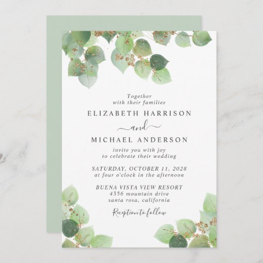 Eukalyptus Greenery Gold Watercolor Wedding Einladung (Vorne/Hinten)