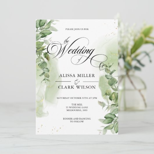 Eukalyptus Greenery Gold Wedding Einladung (Stehend Vorderseite)