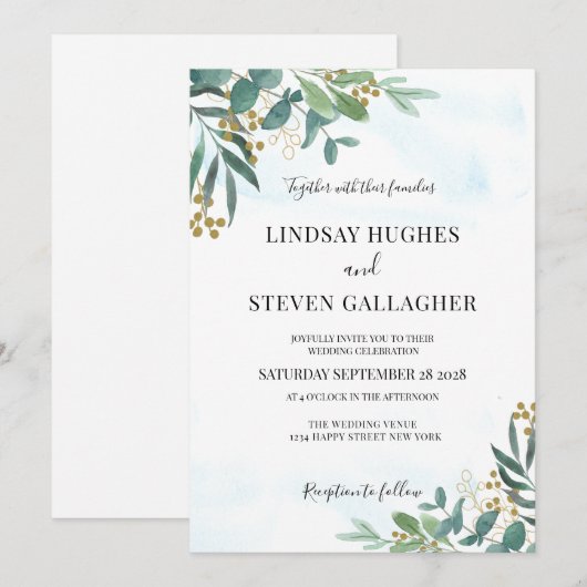 Eukalyptus Greenery Gold Wedding Einladung (Vorne/Hinten)