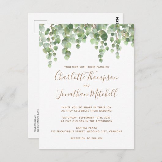 Eukalyptus Greenery Gold Wedding Einladung Postkarte (Vorne/Hinten)