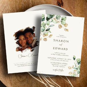 Eukalyptus Greenery & Gold Wedding Foto Einladung