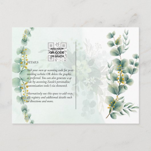 Eukalyptus Greenery Gold WEDDING QR CODE Moderne Postkarte (Rückseite)