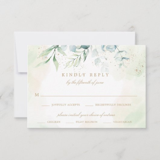 Eukalyptus Greenery Goldene Mahlzeit Hochzeit RSVP Karte (Vorderseite)