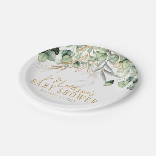 Eukalyptus Greenery Green Leaf & Gold Baby Dusche Pappteller (Schrägansicht)