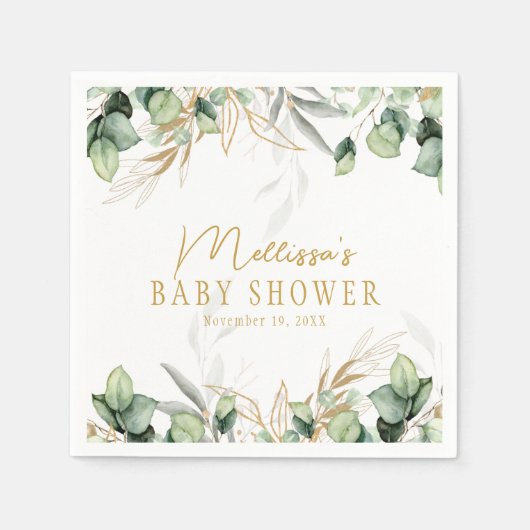 Eukalyptus Greenery Green Leaf & Gold Baby Dusche Serviette (Vorderseite)