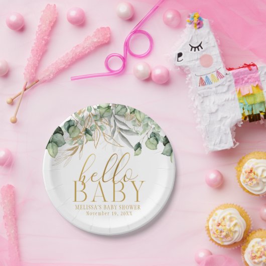 Eukalyptus Greenery Green Leaf & Gold Hello Baby Pappteller (Party)
