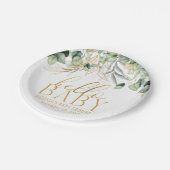 Eukalyptus Greenery Green Leaf & Gold Hello Baby Pappteller (Schrägansicht)