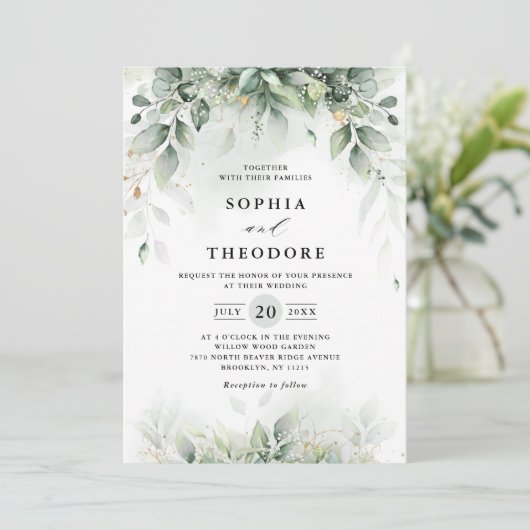 Eukalyptus Greenery Gum Botanische Hochzeit Einladung (Stehend Vorderseite)