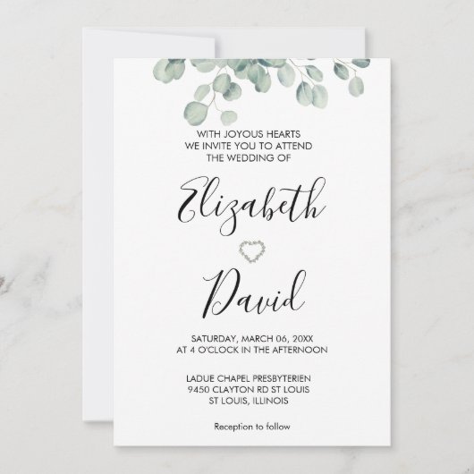 Eukalyptus Greenery Hand Drawn Heart Einladung (Vorderseite)