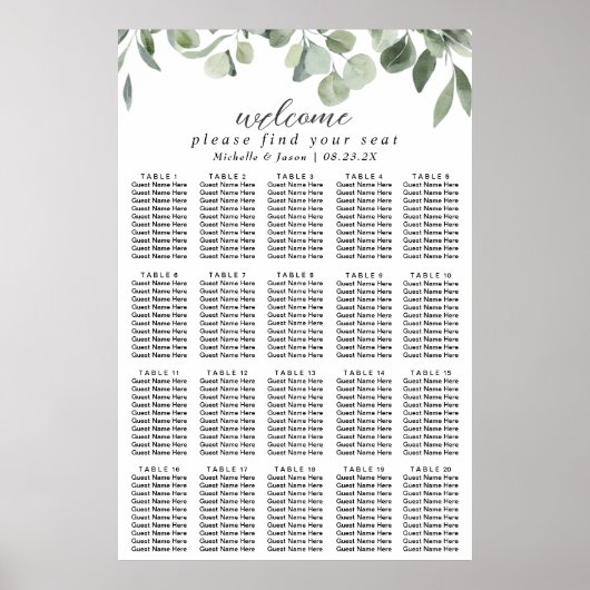 Eukalyptus Greenery Hochzeitssitzkarte 20 Tabelle Poster (Vorne)