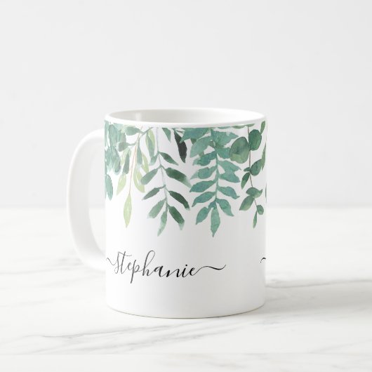 Eukalyptus Greenery Individuelle Name Kaffeetasse (Vorderseite Links)