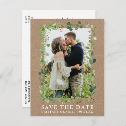Eukalyptus Greenery Kraft Save the Date Postkarte (Vorne/Hinten)