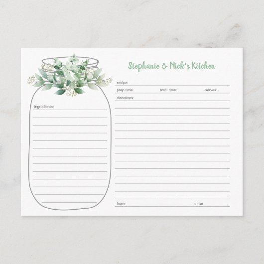 Eukalyptus Greenery Mason Jar Recipe Cards Ankündigungspostkarte (Vorderseite)