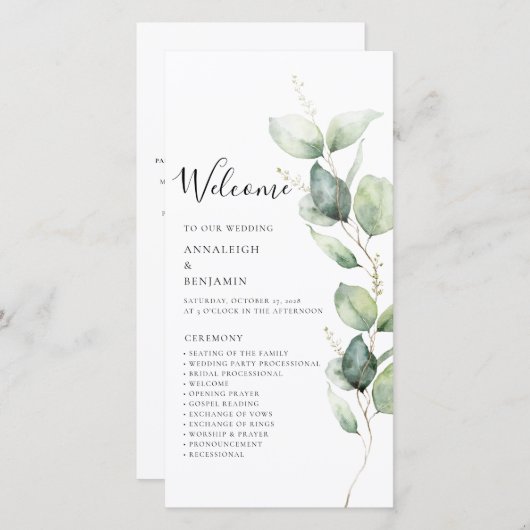 Eukalyptus Greenery Minimalistisch Wedding Program (Vorne/Hinten)