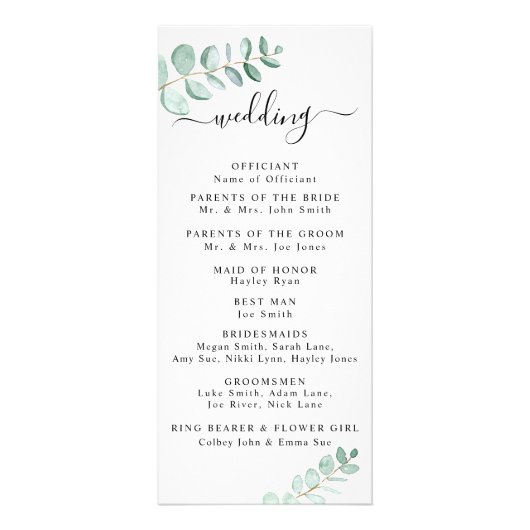 Eukalyptus Greenery Minimalistisch Wedding Program Werbekarte (Hinten)