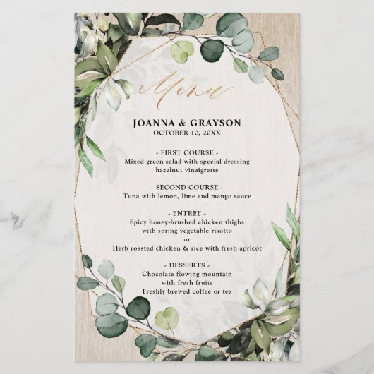 Eukalyptus Greenery Modern Geometric Wedding Menu (Vorderseite)