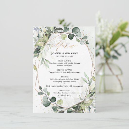 Eukalyptus Greenery Modern Geometric Wedding Menu Menükarte (Stehend Vorderseite)