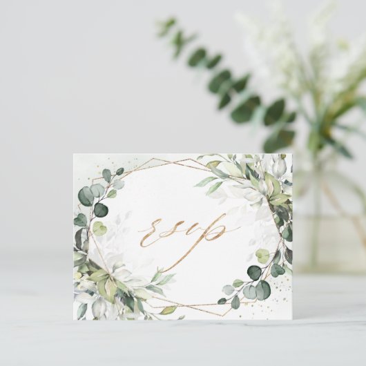 Eukalyptus Greenery Modern Geometric Wedding RSVP Postkarte (Stehend Vorderseite)