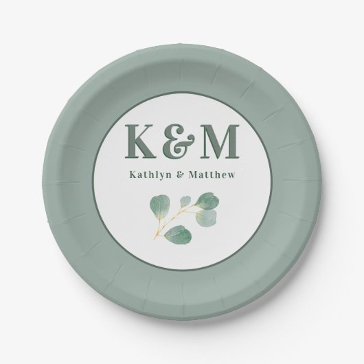 Eukalyptus Greenery Modern Wedding Monogram Pappteller (Vorderseite)