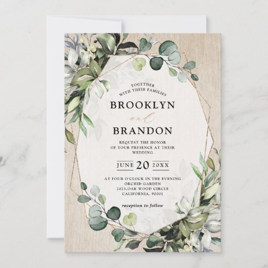 Eukalyptus Greenery Modern Wood Geometric Wedding Einladung (Vorderseite)