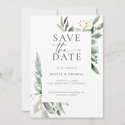 Eukalyptus Greenery Moderne Elegante Hochzeit Save The Date (Vorderseite)