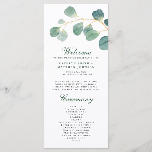 Eukalyptus Greenery Moderne Elegante Sommerhochzei Programm (Vorderseite)