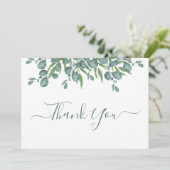 Eukalyptus Greenery Moderne Sage Script Wedding Dankeskarte (Stehend Vorderseite)