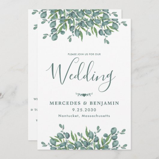 Eukalyptus Greenery Moderner QR Code Hochzeit Einladung (Vorne/Hinten)