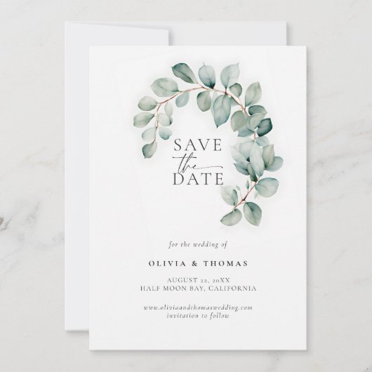 Eukalyptus Greenery Modernes Schloss Elegante Hoch Save The Date (Vorderseite)