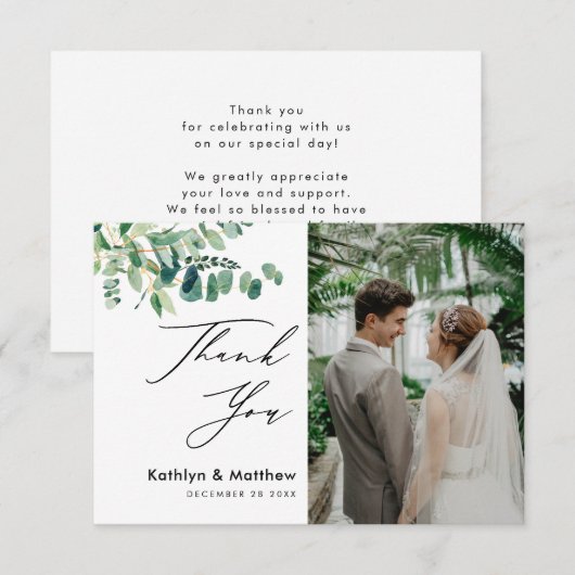Eukalyptus Greenery Modernes Script Foto Hochzeit Dankeskarte (Vorne/Hinten)