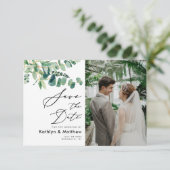 Eukalyptus Greenery Modernes Script Foto Hochzeit Save The Date (Stehend Vorderseite)