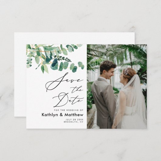 Eukalyptus Greenery Modernes Script Foto Hochzeit Save The Date (Vorne/Hinten)