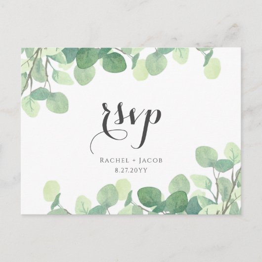 Eukalyptus Greenery Modernes Skript Hochzeit RSVP Postkarte (Vorderseite)
