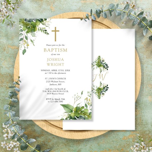 Eukalyptus Greenery Monogram Baptisse Christening Einladung