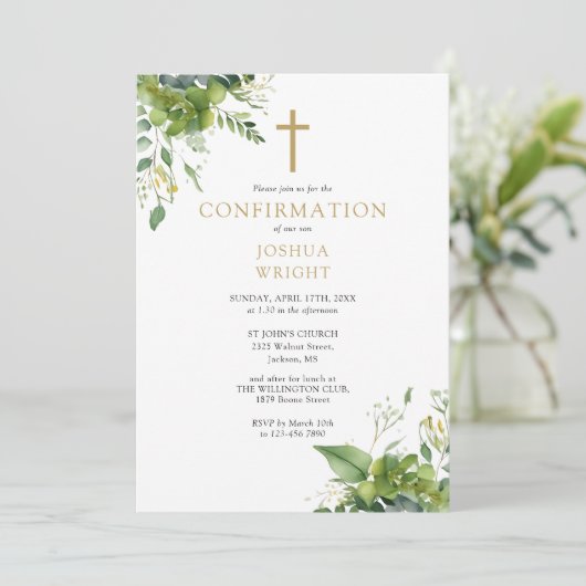 Eukalyptus Greenery Monogram-Bestätigung Einladung (Stehend Vorderseite)