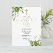 Eukalyptus Greenery Monogram First Holy Communion Einladung (Stehend Vorderseite)