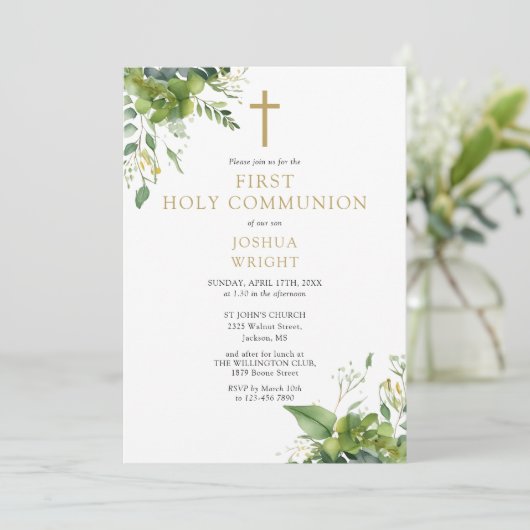 Eukalyptus Greenery Monogram First Holy Communion Einladung (Stehend Vorderseite)