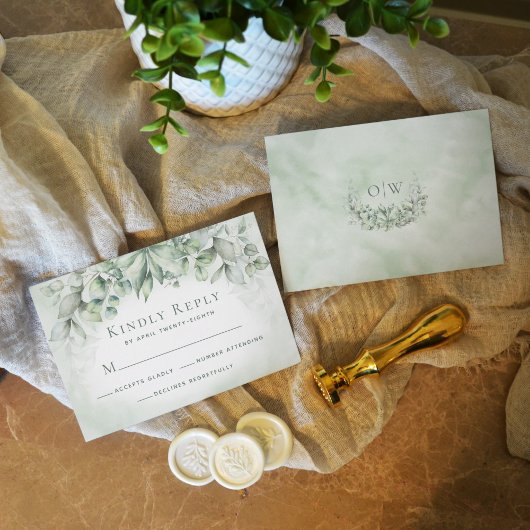 Eukalyptus Greenery Monogram Sage Wedding RSVP Karte