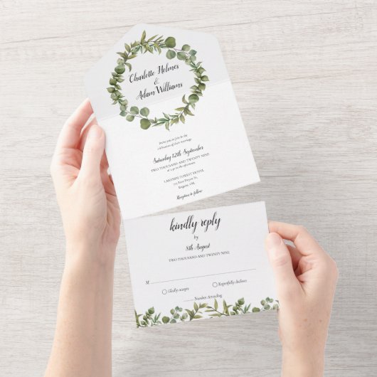 Eukalyptus Greenery Monogram Wedding All In One Einladung (Abreißen)