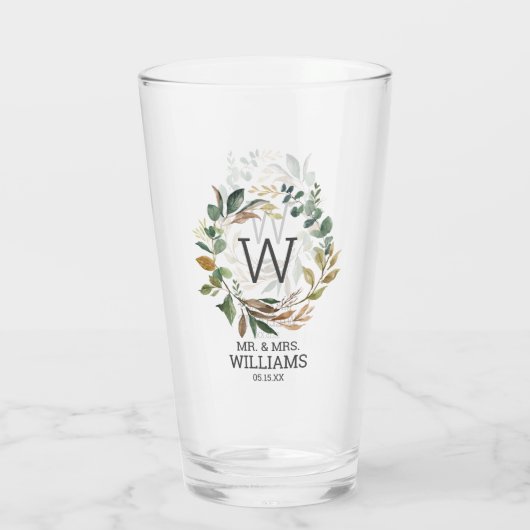 Eukalyptus Greenery Mr. and Mrs Wedding Monogram Glas (Rückseite)