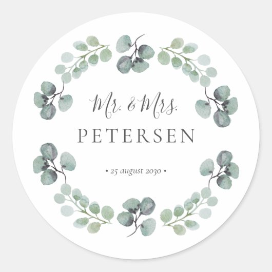 Eukalyptus greenery mr und mrs name wedding runder aufkleber (Vorderseite)