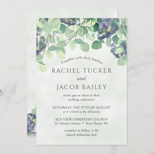 Eukalyptus Greenery Navy Blauer Blumenzwiebeln Einladung (Vorne/Hinten)