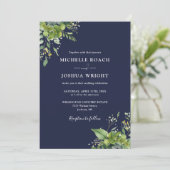 Eukalyptus Greenery Navy Blue Foto Wedding Einladung (Stehend Vorderseite)