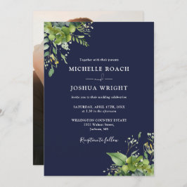 Eukalyptus Greenery Navy Blue Foto Wedding Einladung