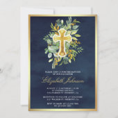 Eukalyptus Greenery Navy Blue Gold Taufe Einladung (Vorderseite)