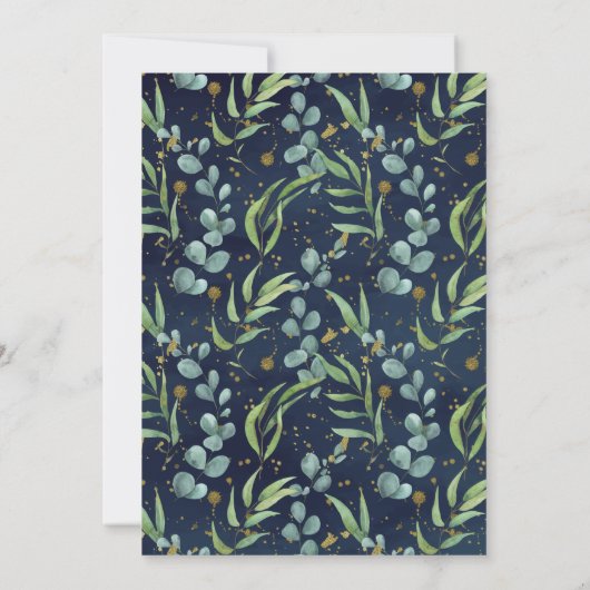 Eukalyptus Greenery Navy Blue Gold Taufe Einladung (Rückseite)