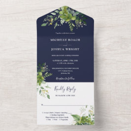Eukalyptus Greenery Navy Blue Monogram Wedding All In One Einladung